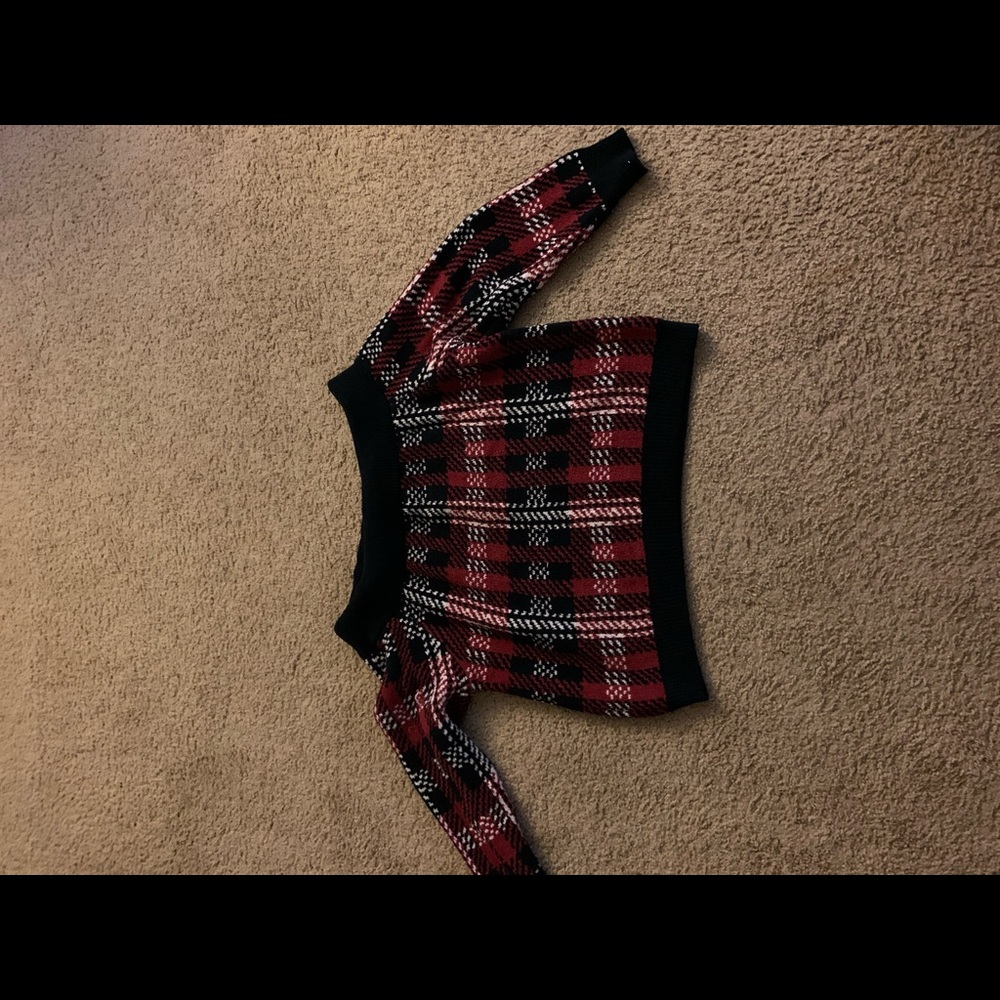 off the shoulder plaid crop sweater
